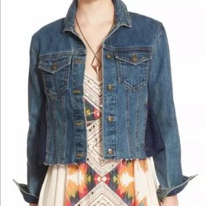 Free People Lace Inset Raw Hem Denim Jacket S